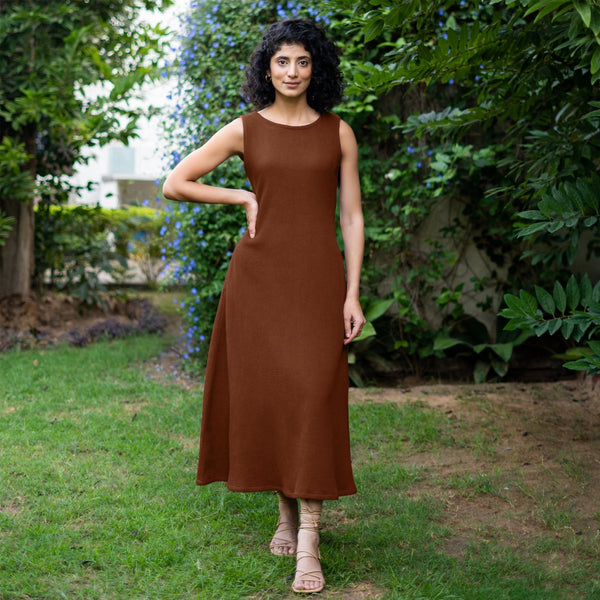 Brown Warm Cotton Waffle Fit and Flare Sleeveless Maxi Dress