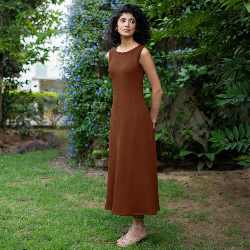 Brown Warm Cotton Waffle Fit and Flare Sleeveless Maxi Dress