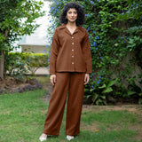 Brown Warm Cotton Waffle High-Rise  Elasticated Pant