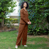 Brown Warm Cotton Waffle High-Rise  Elasticated Pant