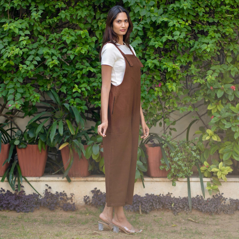 brown overall dress Brown Warm Cotton Waffle Midi Dungaree Jumpsuit 70" / Petite (5'1" and below)