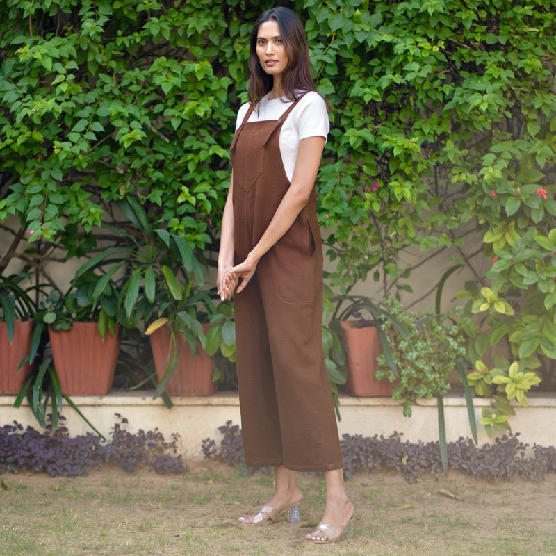 Brown Warm Cotton Waffle Midi Dungaree Jumpsuit 70 Brown Warm Cotton Waffle Midi Dungaree Jumpsuit 70