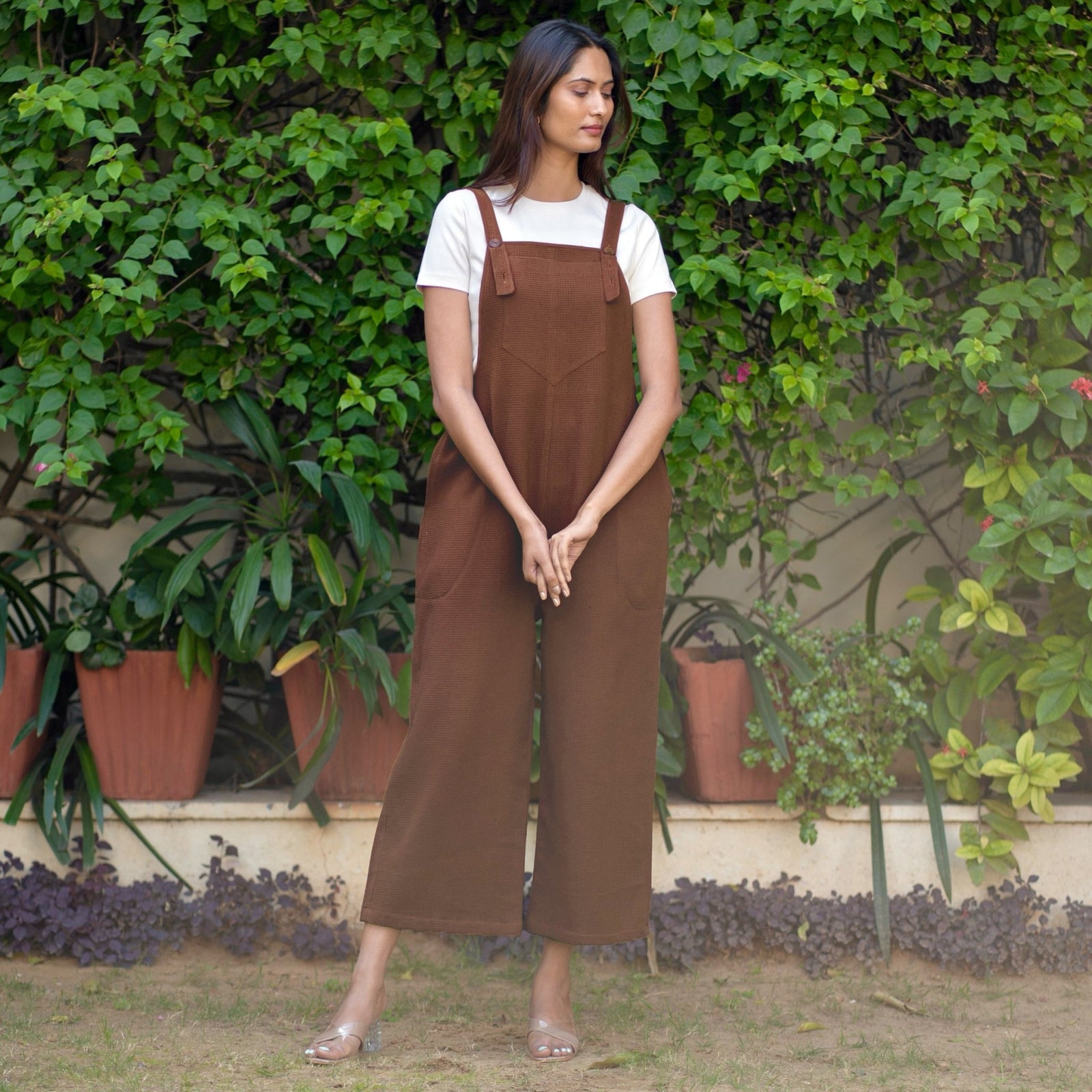 Brown Warm Cotton Waffle Midi Dungaree Jumpsuit 70" / Petite (5'1" and below) Brown Warm Cotton Waffle Midi Dungaree Jumpsuit 70" / Petite (5'1" and below)