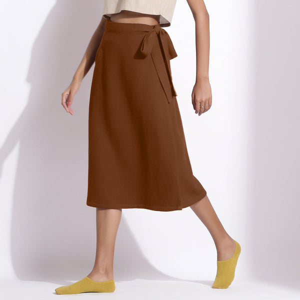 Brown Warm Cotton Waffle Midi Wrap Skirt