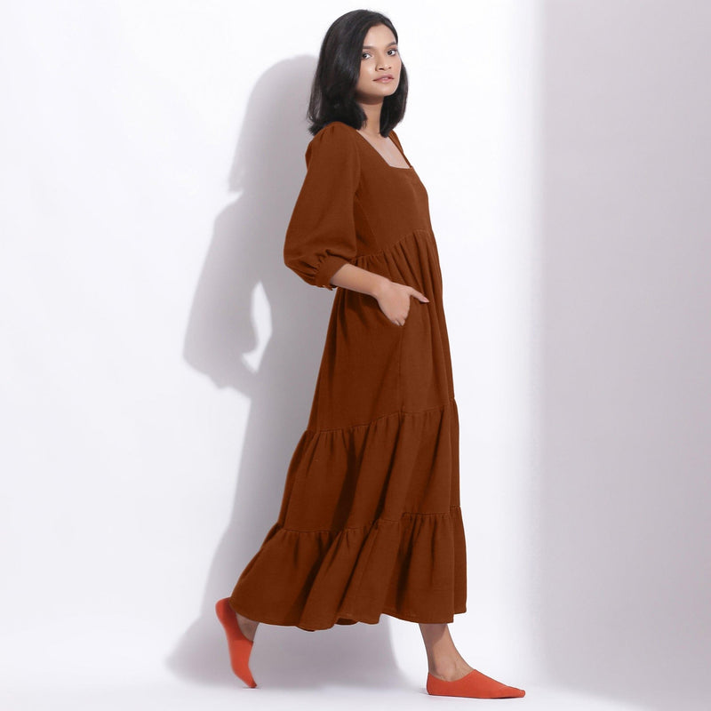 Brown Warm Cotton Waffle Tier Maxi Dress 28" / Tall (5'7" and above) Brown Warm Cotton Waffle Tier Maxi Dress 28" / Tall (5'7" and above)
