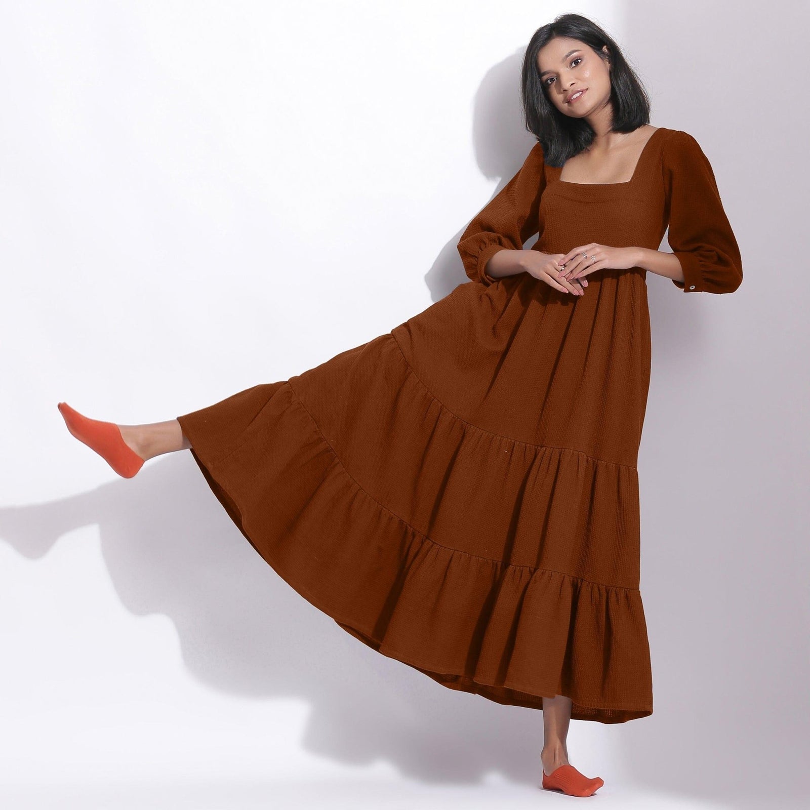 Brown Warm Cotton Waffle Tier Maxi Dress 28