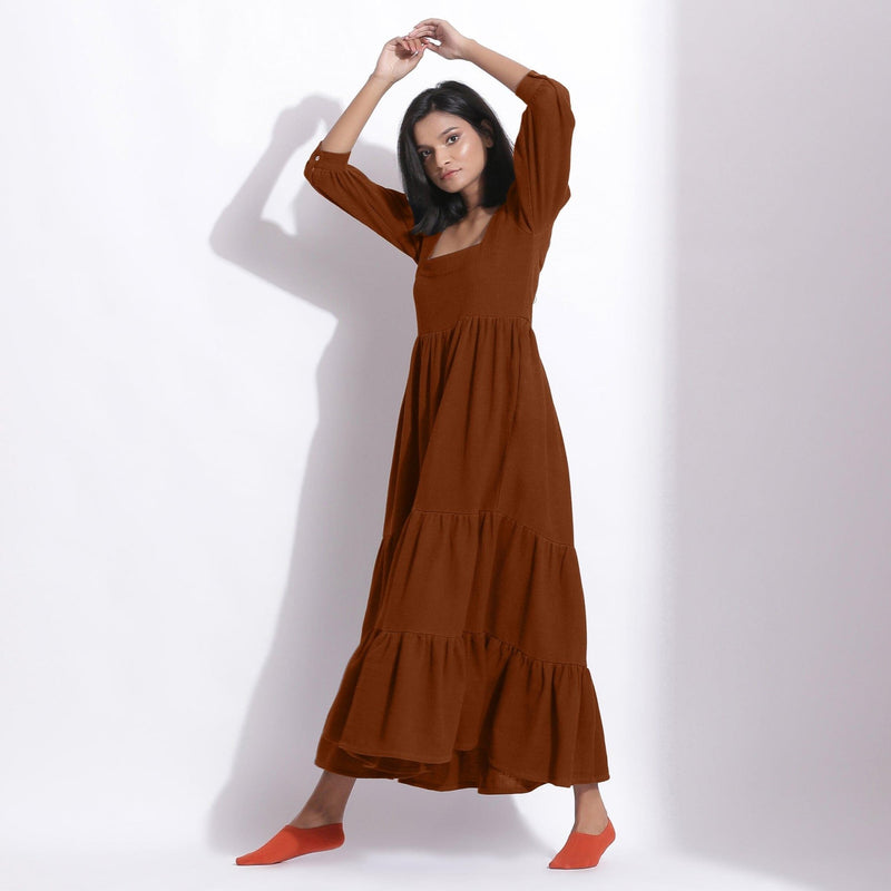 Brown Warm Cotton Waffle Tier Maxi Dress 34" / Custom Height (Free) Brown Warm Cotton Waffle Tier Maxi Dress 34" / Custom Height (Free)