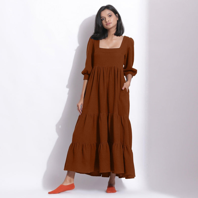 Brown Warm Cotton Waffle Tier Maxi Dress 28" / Tall (5'7" and above) Brown Warm Cotton Waffle Tier Maxi Dress 28" / Tall (5'7" and above)