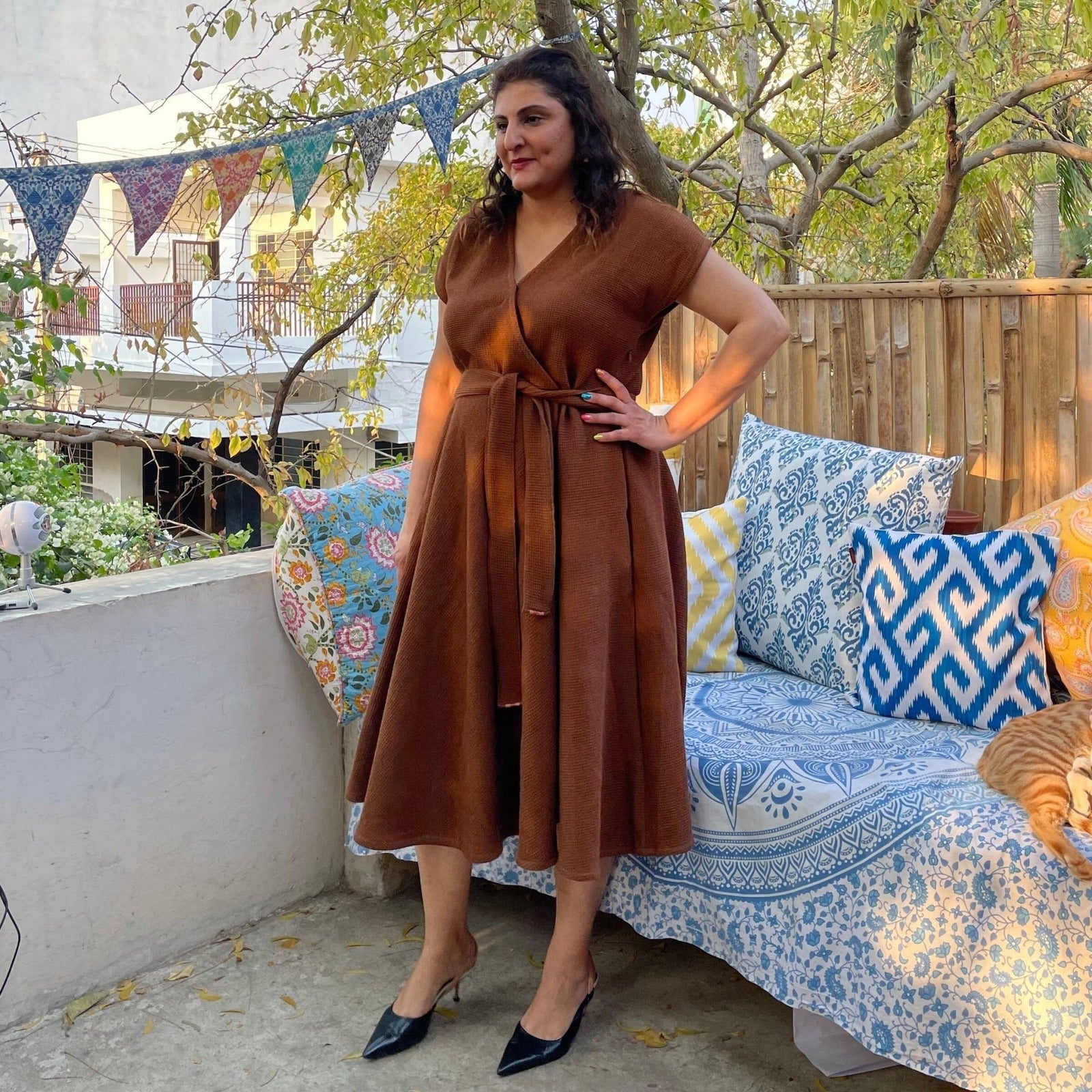 Brown Warm Cotton Waffle V-Neck Fit and Flare Midi Dress 36