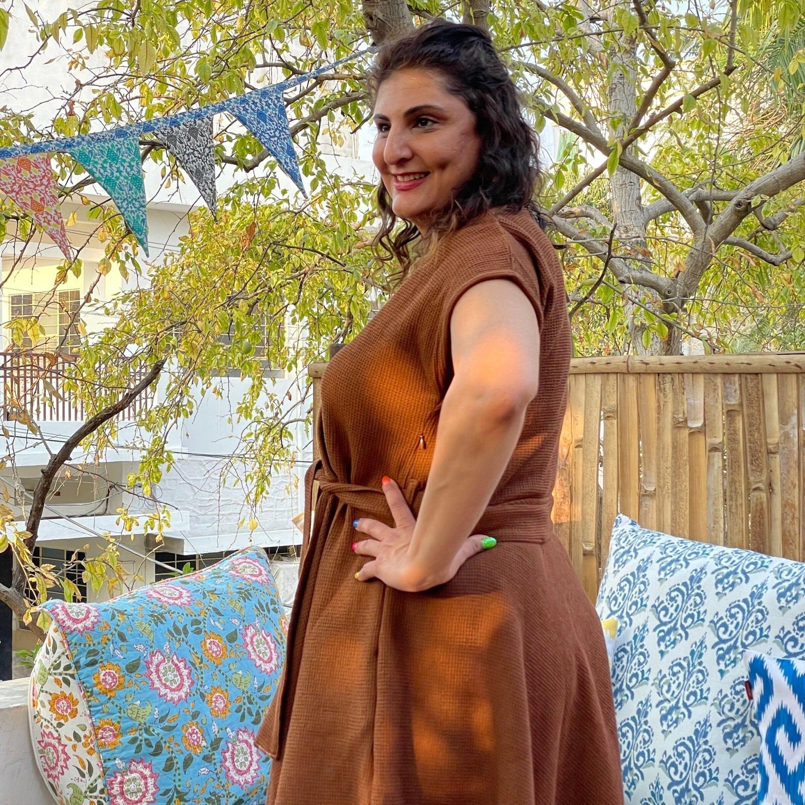 Brown Warm Cotton Waffle V-Neck Fit and Flare Midi Dress 64