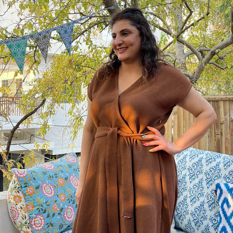 Brown Warm Cotton Waffle V-Neck Fit and Flare Midi Dress 64" / Tall (5'7" and above) Brown Warm Cotton Waffle V-Neck Fit and Flare Midi Dress 64" / Tall (5'7" and above)