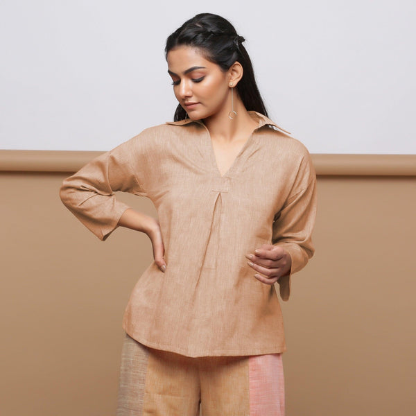 Brown Yarn Dyed Cotton A-Line Drop Shoulder Sleeve Top