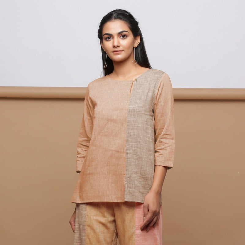 Brown Yarn Dyed Cotton Keyhole Neck Tunic Top