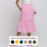 Front View of a Model wearing Bubblegum Pink Tie-Dye Cotton Elasticated Midi Balloon Skirt