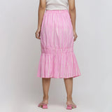 Back View of a Model wearing Bubblegum Pink Tie-Dye Cotton Elasticated Midi Balloon Skirt