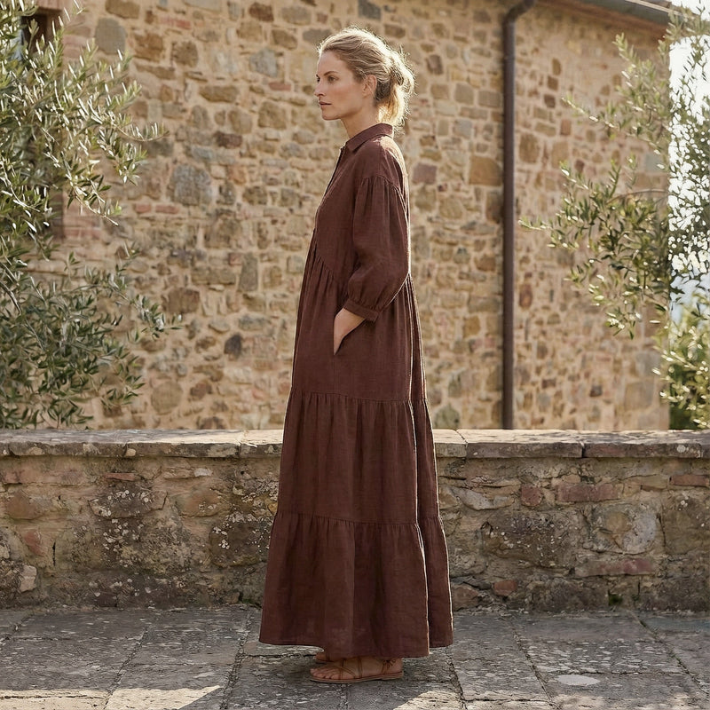 Burgundy 100% Cotton Deep-V Maxi Tier Dress 40