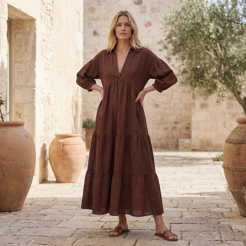 Burgundy 100% Cotton Deep-V Maxi Tier Dress 40" / Custom Height (Free) Burgundy 100% Cotton Deep-V Maxi Tier Dress 40" / Custom Height (Free)