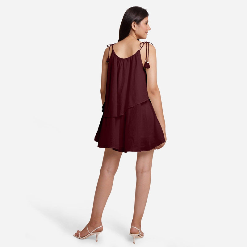 Burgundy 100% Cotton Tie-Up Shoulder Tier Mini Dress 26" / Petite (5'1" and below) Burgundy 100% Cotton Tie-Up Shoulder Tier Mini Dress 26" / Petite (5'1" and below)
