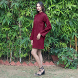 Burgundy Warm Cotton Corduroy A-Line Short Dress