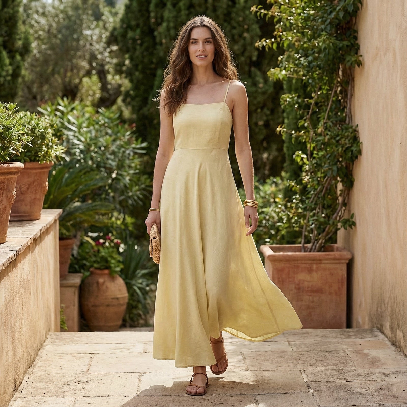 Butter Yellow 100% Cotton Ankle Length Flared Sundress 64