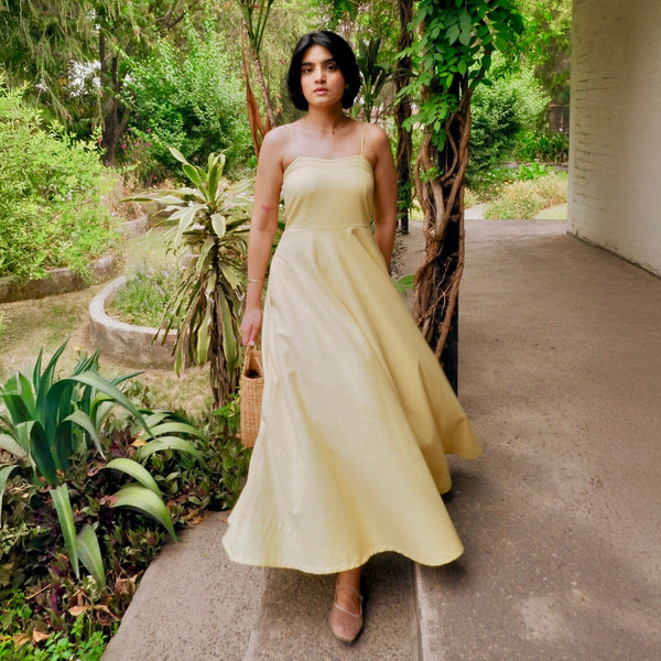 Butter Yellow 100% Cotton Ankle Length Flared Sundress