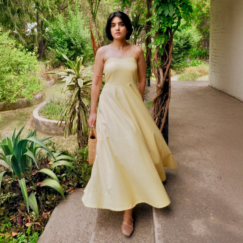 Butter Yellow 100% Cotton Ankle Length Flared Sundress