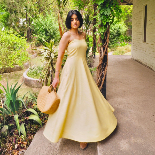 Butter Yellow 100% Cotton Ankle Length Flared Sundress
