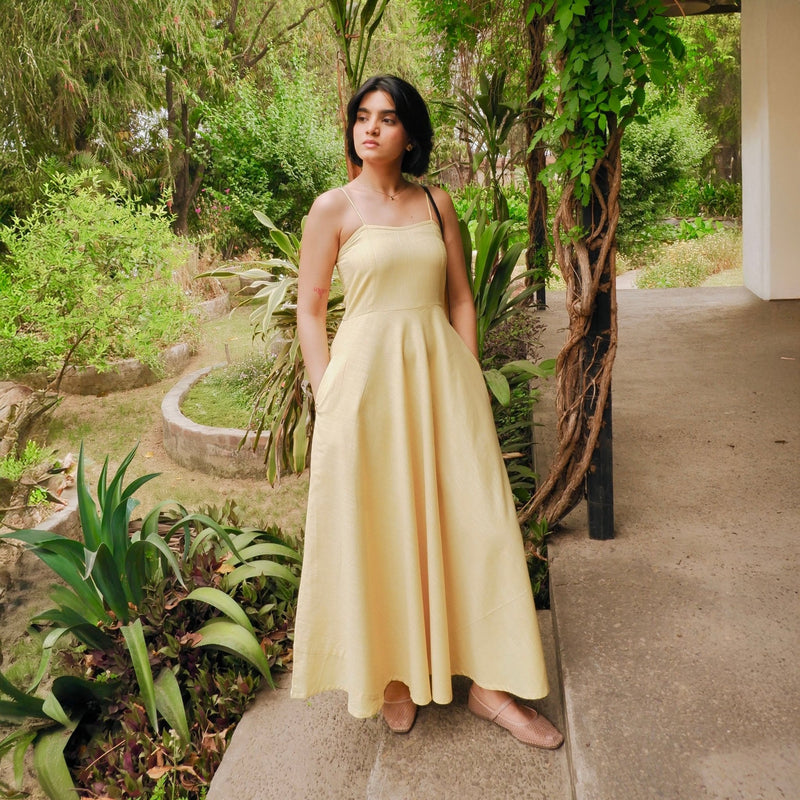 Butter Yellow 100% Cotton Ankle Length Flared Sundress