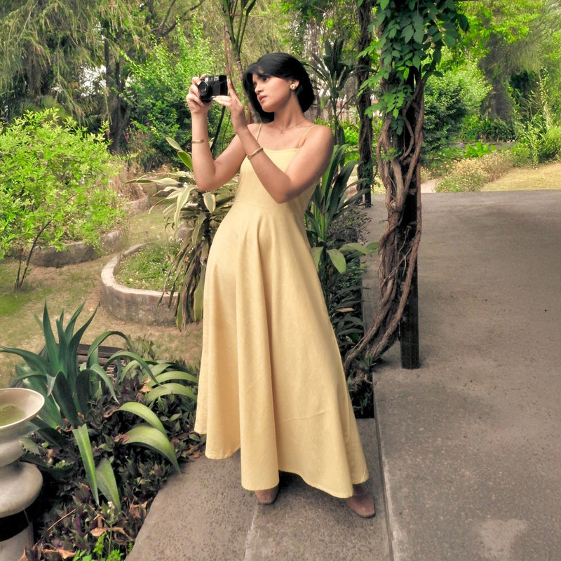 Butter Yellow 100% Cotton Ankle Length Flared Sundress