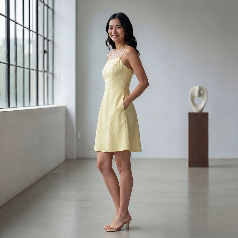 Butter Yellow 100% Cotton Fit and Flare Short Dress 38" / Regular (5'2" - 5'6") Butter Yellow 100% Cotton Fit and Flare Short Dress 38" / Regular (5'2" - 5'6")