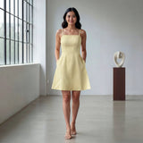 Butter Yellow 100% Cotton Fit and Flare Short Dress