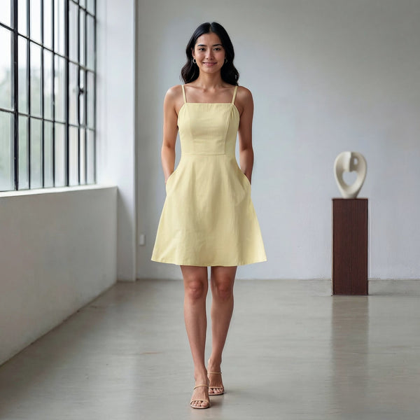 Butter Yellow 100% Cotton Fit and Flare Short Dress 38
