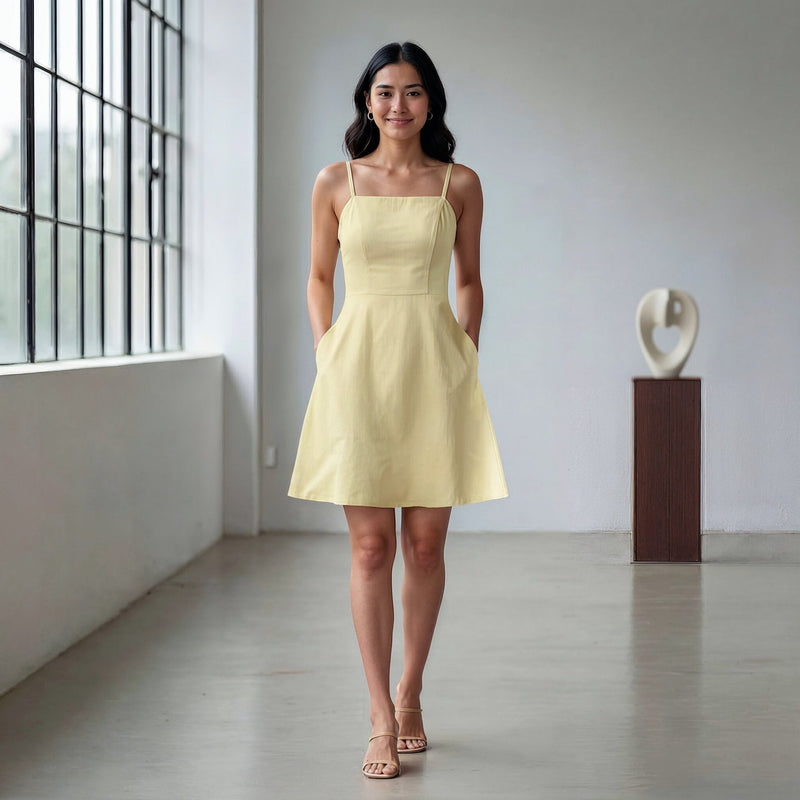 Butter Yellow 100% Cotton Fit and Flare Short Dress 38