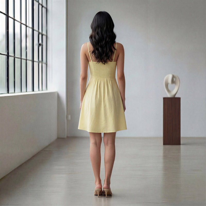 Butter Yellow 100% Cotton Fit and Flare Short Dress 38 Butter Yellow 100% Cotton Fit and Flare Short Dress 38