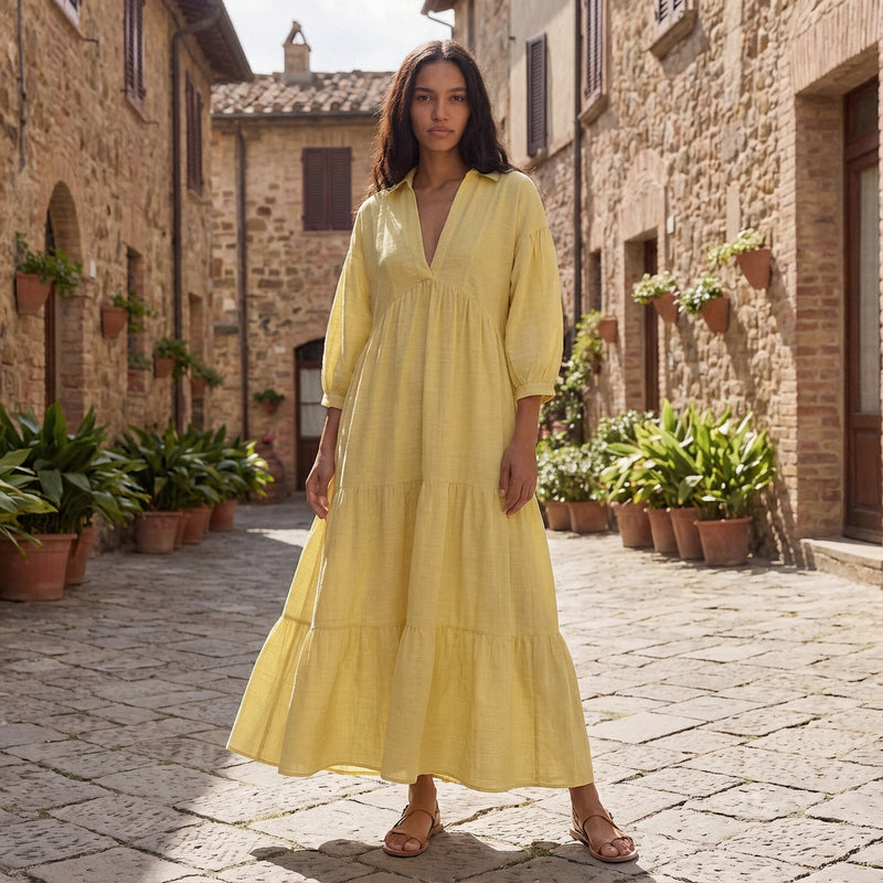 Butter Yellow Handspun Cotton Deep-V Maxi Tier Dress 42