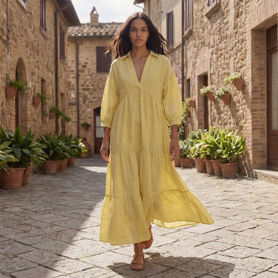 Deep V maxi tier dress in Light Yellow yarn-dyed cotton