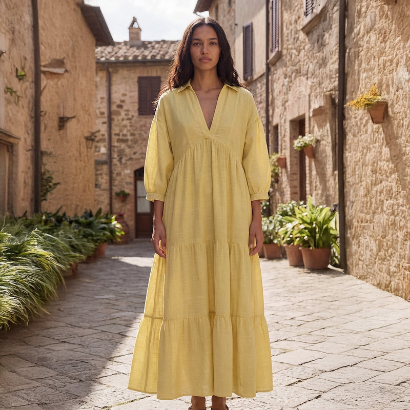 Butter Yellow Handspun Cotton Deep-V Maxi Tier Dress 42" / Regular (5'2" - 5'6")