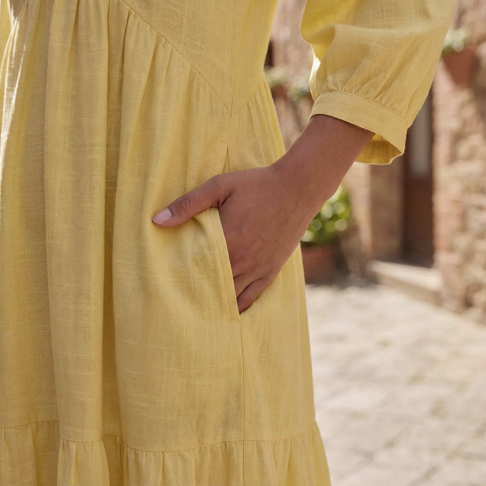 Butter Yellow Handspun Cotton Deep-V Maxi Tier Dress 42