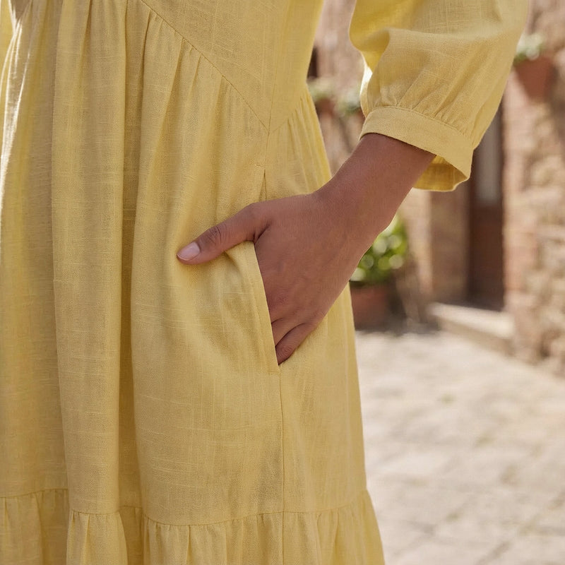 Butter Yellow Handspun Cotton Deep-V Maxi Tier Dress 42