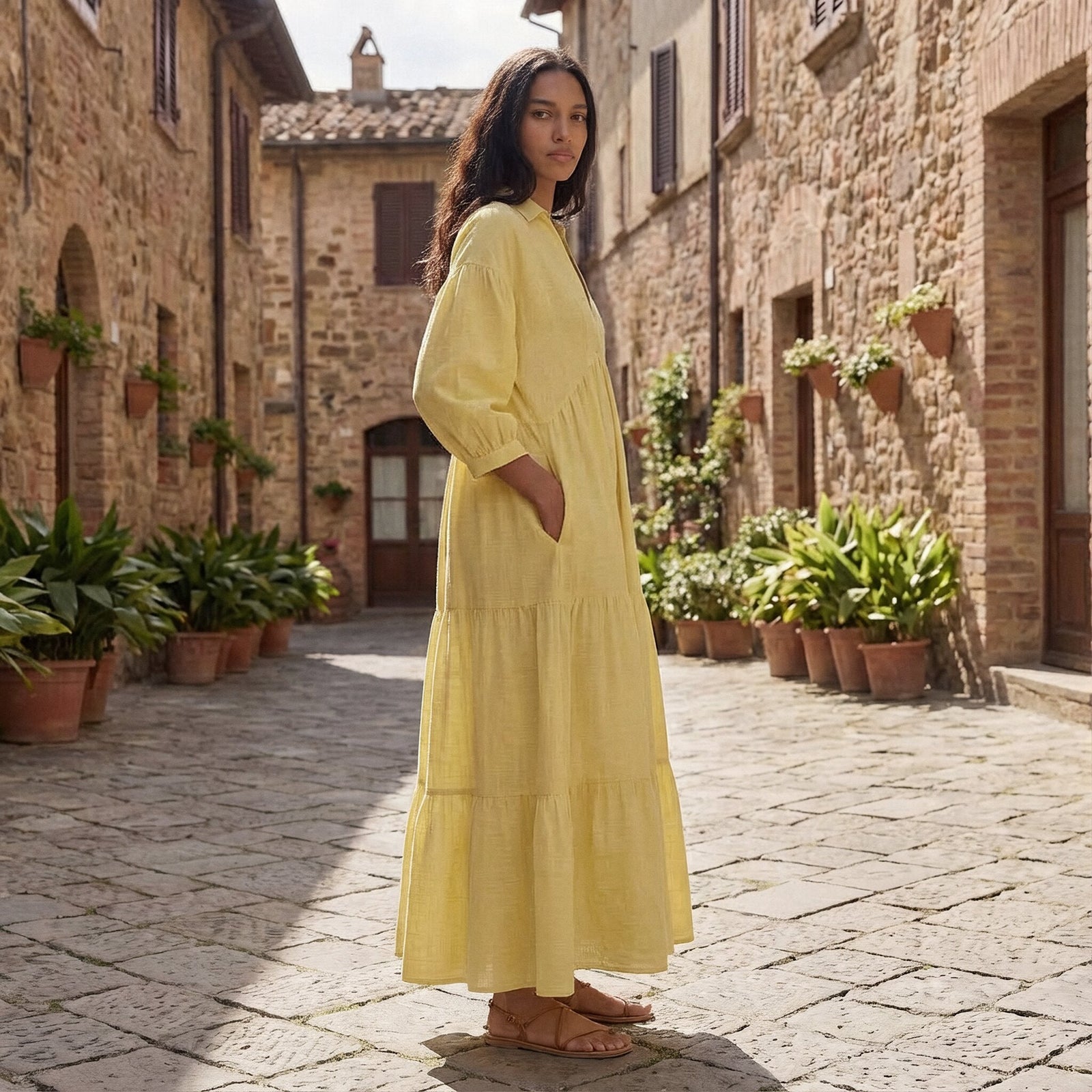 Butter Yellow Handspun Cotton Deep-V Maxi Tier Dress 42" / Regular (5'2" - 5'6") Butter Yellow Handspun Cotton Deep-V Maxi Tier Dress 42" / Regular (5'2" - 5'6")