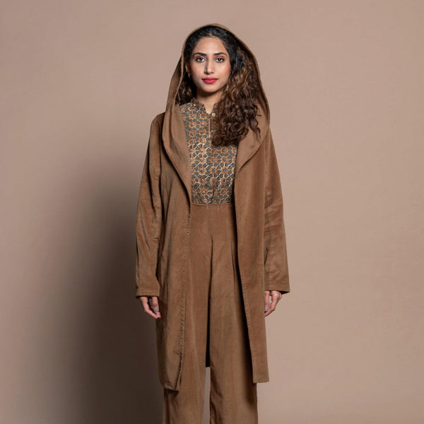 Front View of a Model wearing Camel Brown Cotton Velvet Front Open Hoodie Jacket