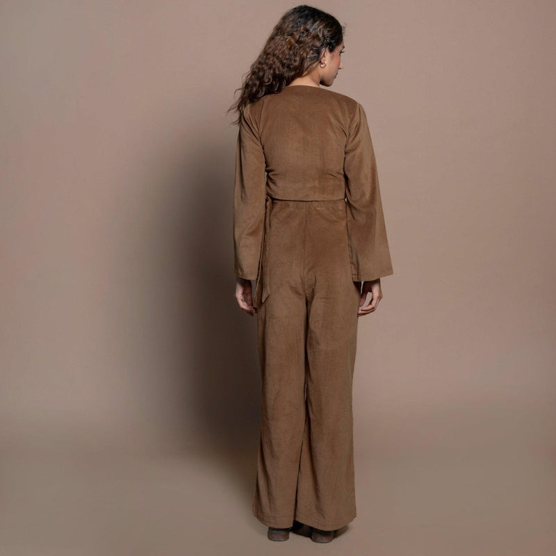 Back View of a Model wearing Camel Brown Cotton Velvet Full Sleeve Wrap Crop Top