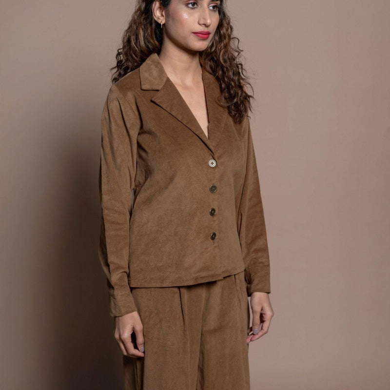 Front Detail of a Model wearing Camel Brown Cotton Velvet Notched Collar Button Down Shirt