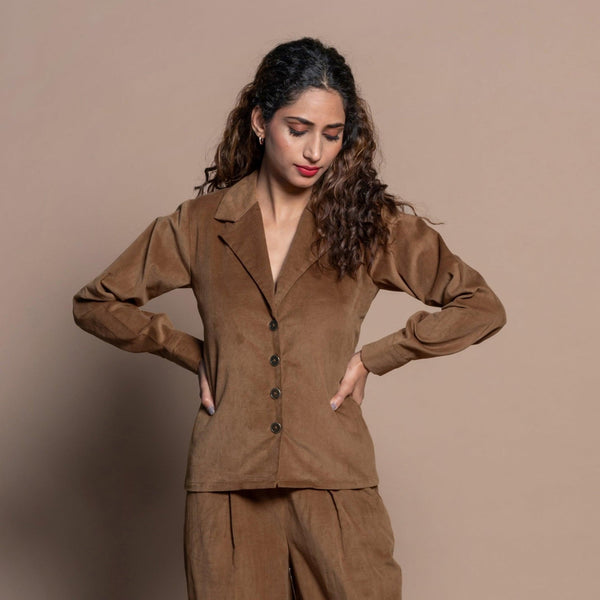 Front View of a Model wearing Camel Brown Cotton Velvet Notched Collar Button Down Shirt