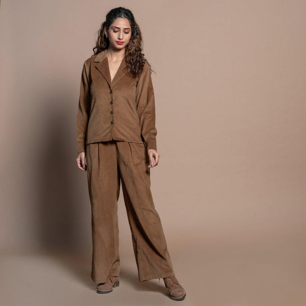 Front View of a Model wearing Camel Brown Cotton Velvet Notched Collar Button Down Shirt