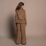 Back View of a Model wearing Camel Brown Cotton Velvet Notched Collar Button Down Shirt