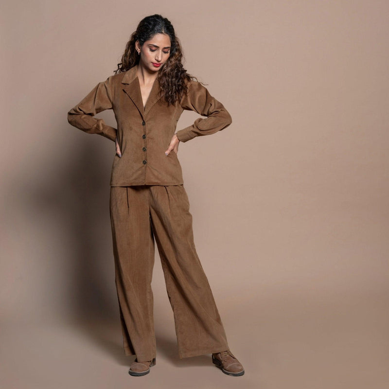 Front View of a Model wearing Camel Brown Cotton Velvet Notched Collar Button Down Shirt