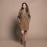 Front View of a Model wearing Camel Brown Cotton Velvet Pinafore Short Dress