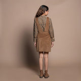 Back View of a Model wearing Camel Brown Cotton Velvet Pinafore Short Dress