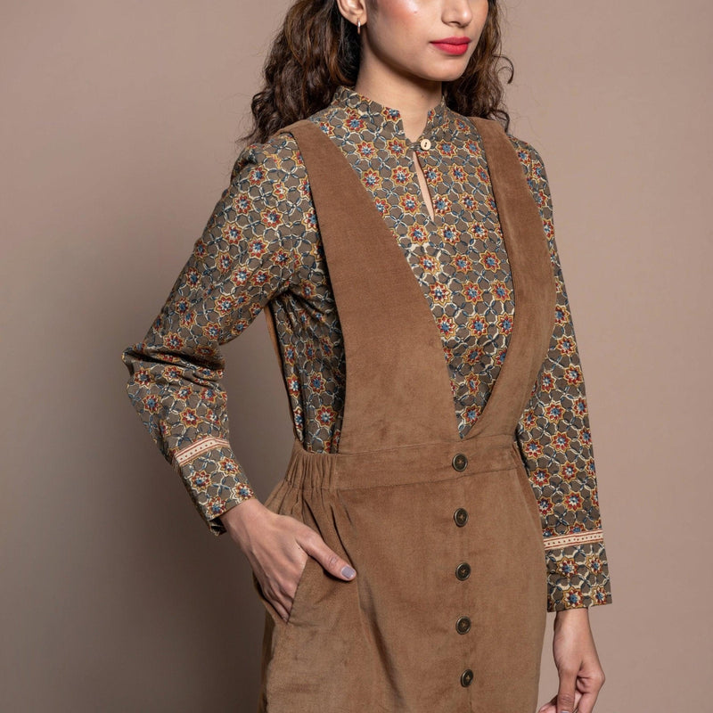 Front Detail of a Model wearing Camel Brown Cotton Velvet Pinafore Short Dress